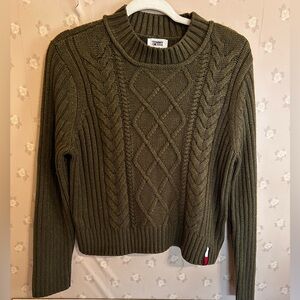 Tommy Hilfiger Olive Green Cable Knit Crewneck Sweater